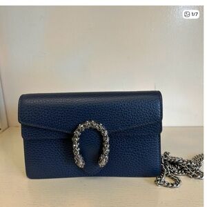 Gucci Navy Blue Leather Clutch with Silver Chain
